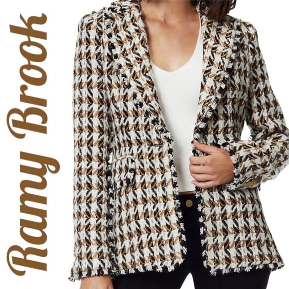 NWT RAMY BROOK Mallary Gold Plaid Tweed Wool Blend Blazer Fringe Trim, Size 8 - Picture 11 of 11